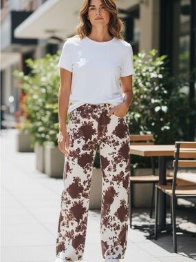 Reformation Val 90s Mud Rise Cowhide Brown and White Straight Leg Jeans